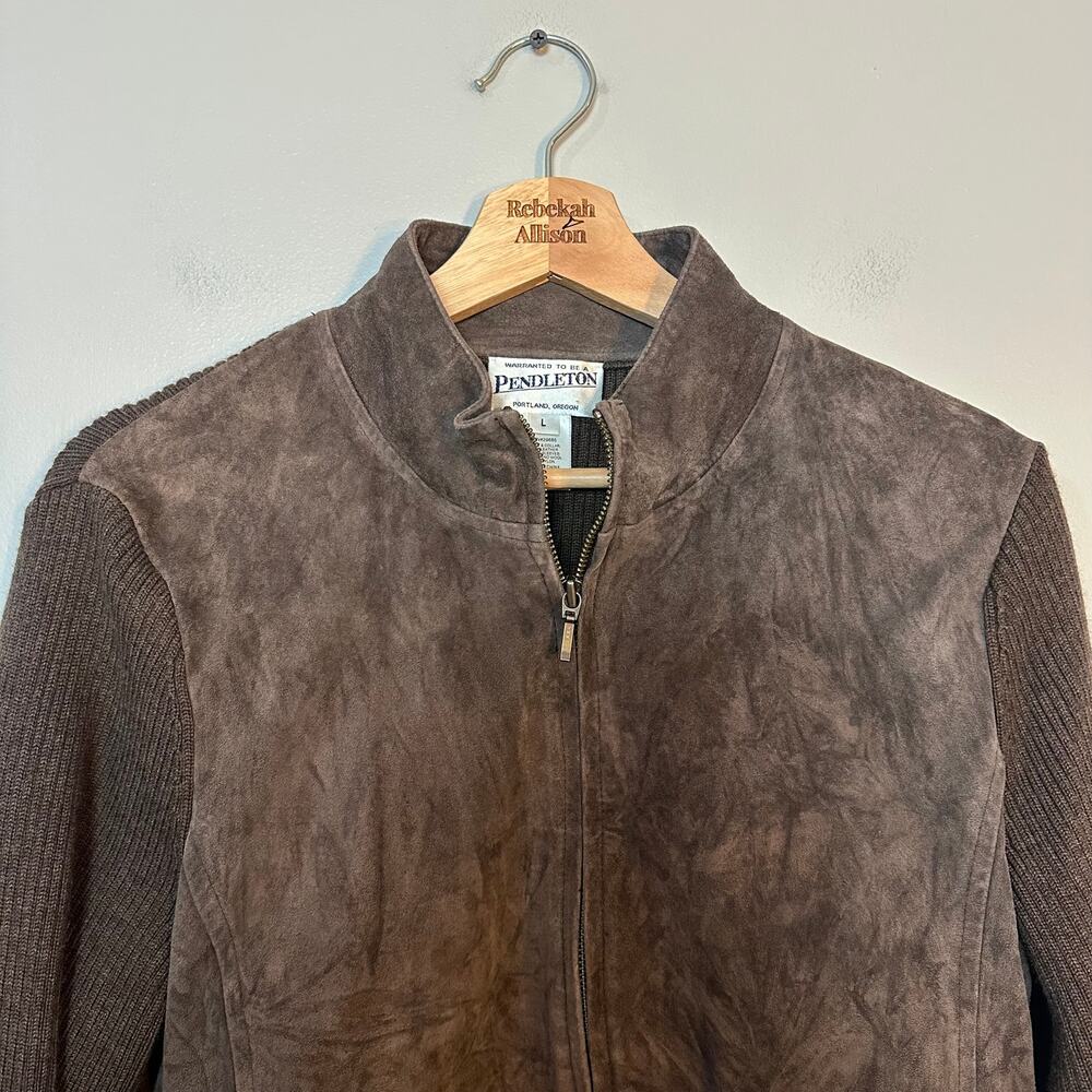 Pendleton Brown Leather & Merino Wool Jacket SZ LARGE Full Zip Knit Classic Coat - Picture 3 of 11